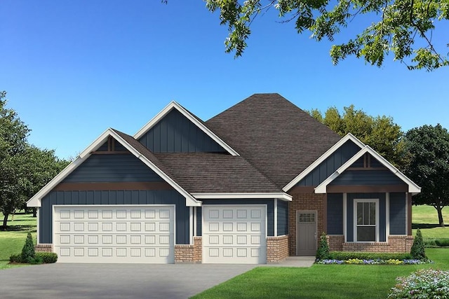 craftsman-style house with brick siding, board and batten siding, a garage, driveway, and a front lawn