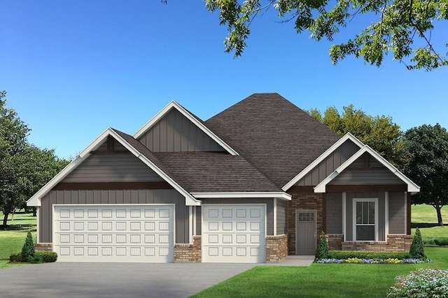 view of front of property featuring brick siding, an attached garage, board and batten siding, a front yard, and driveway