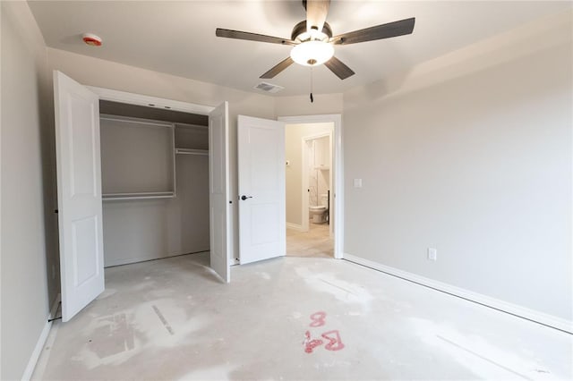 unfurnished bedroom with a closet, visible vents, unfinished concrete flooring, and ceiling fan