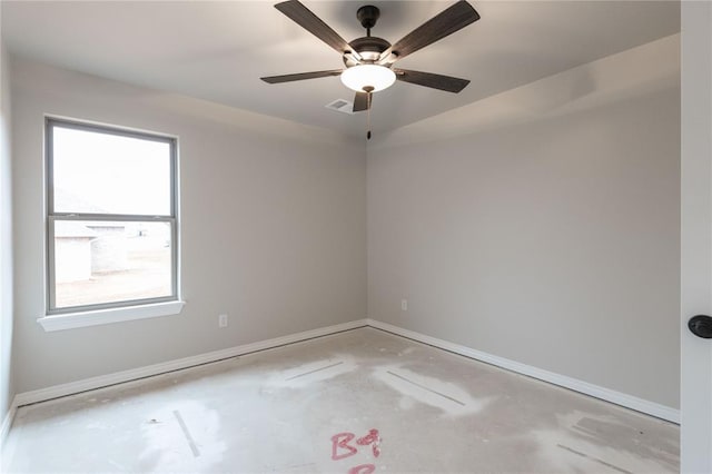 empty room featuring baseboards, concrete floors, visible vents, and a ceiling fan