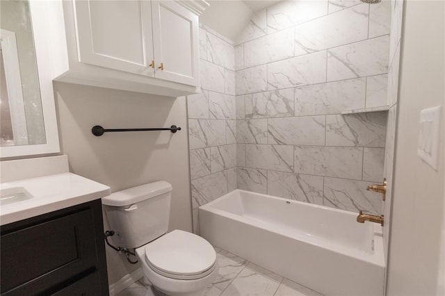 full bath with washtub / shower combination, marble finish floor, vanity, and toilet