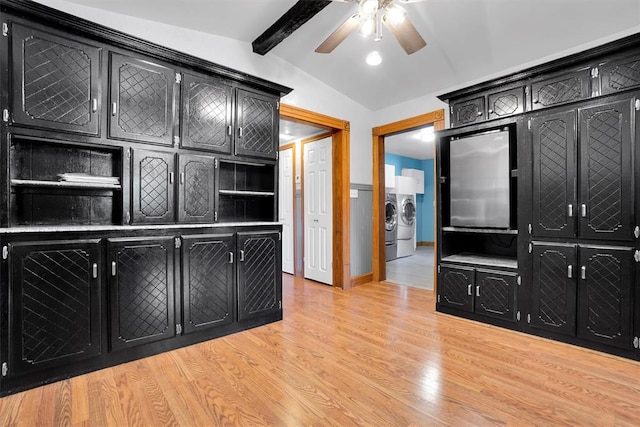 kitchen with lofted ceiling with beams, ceiling fan, washer and dryer, and light hardwood / wood-style flooring