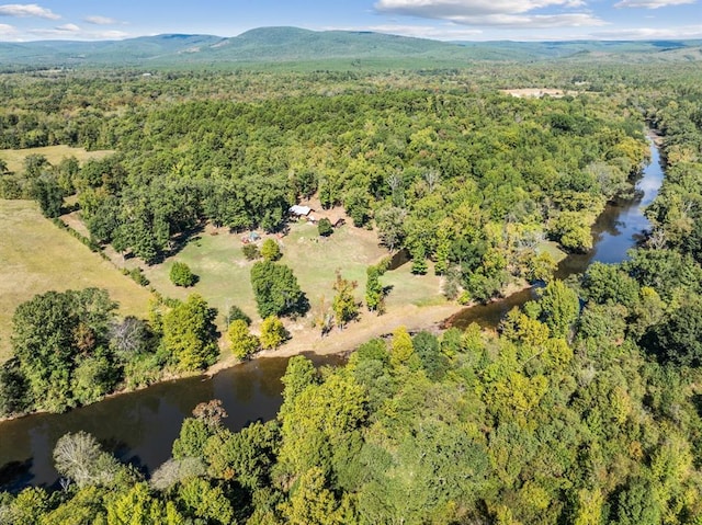 bird's eye view with a water and mountain view