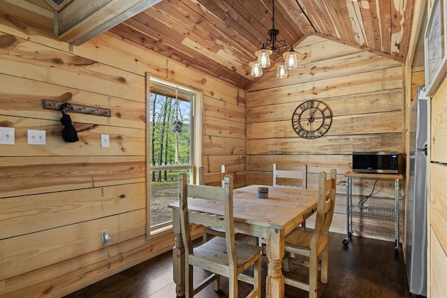 dining room featuring dark hardwood / wood-style floors, wood walls, lofted ceiling, and wooden ceiling