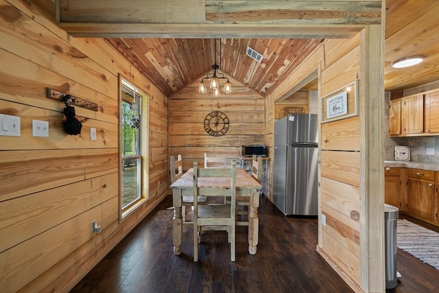 dining room with vaulted ceiling, dark wood-type flooring, an inviting chandelier, wooden ceiling, and wood walls