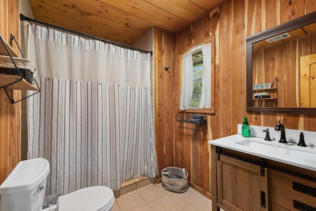 bathroom featuring vanity, toilet, wooden ceiling, and wood walls