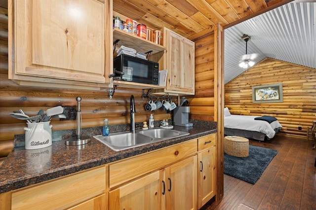 kitchen featuring wood ceiling, sink, log walls, dark hardwood / wood-style floors, and lofted ceiling