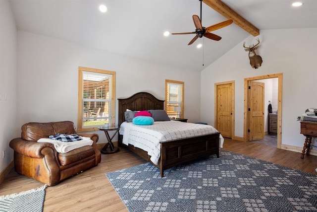 bedroom with beamed ceiling, light hardwood / wood-style floors, high vaulted ceiling, and ceiling fan