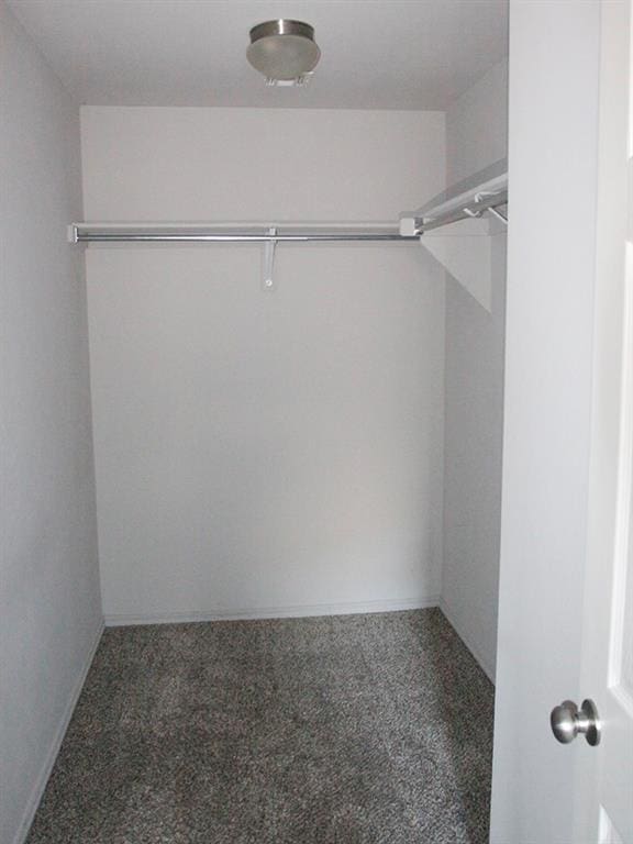 walk in closet featuring dark carpet