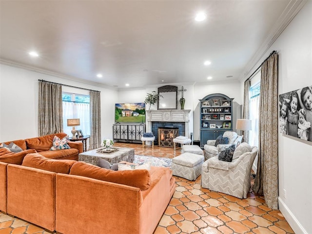 tiled living room featuring crown molding