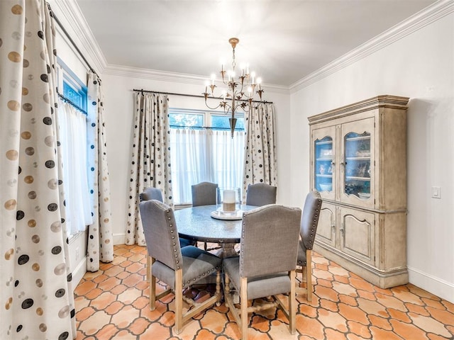 dining space with an inviting chandelier and crown molding