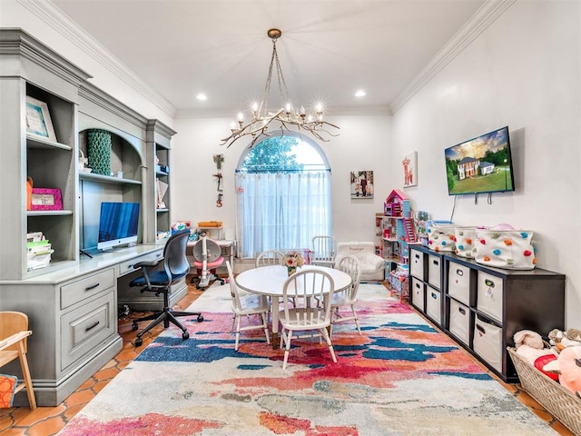 rec room featuring light tile patterned floors, an inviting chandelier, and ornamental molding