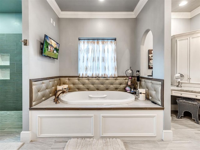 bathroom featuring plus walk in shower and ornamental molding