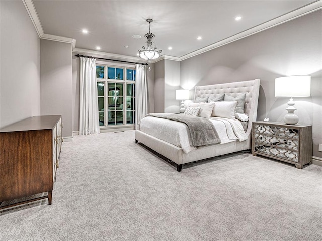 bedroom with crown molding, light carpet, and a notable chandelier