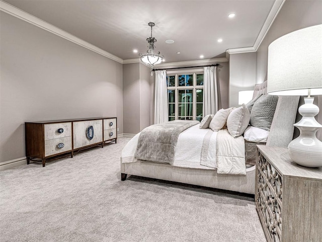 bedroom featuring light carpet and crown molding