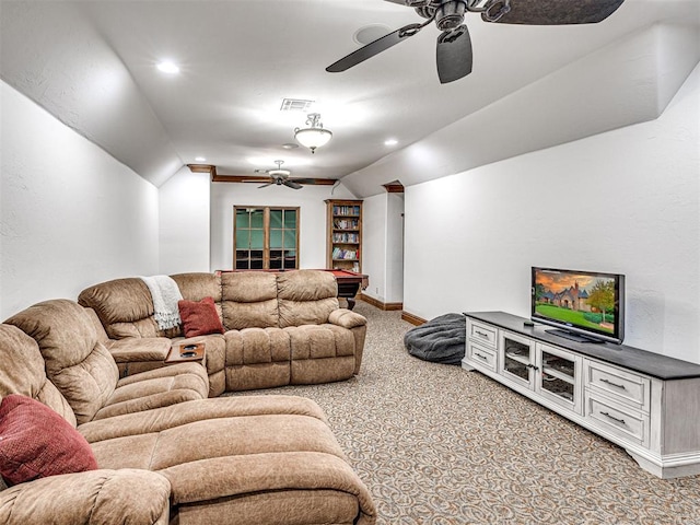 carpeted living room featuring lofted ceiling and pool table