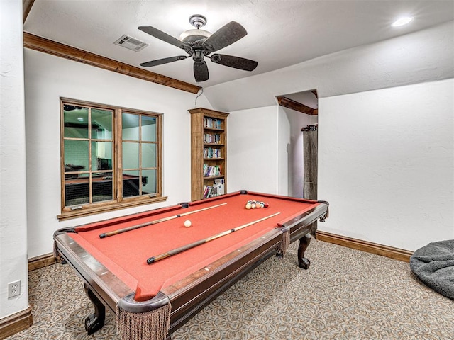 recreation room featuring carpet, ceiling fan, lofted ceiling, and billiards