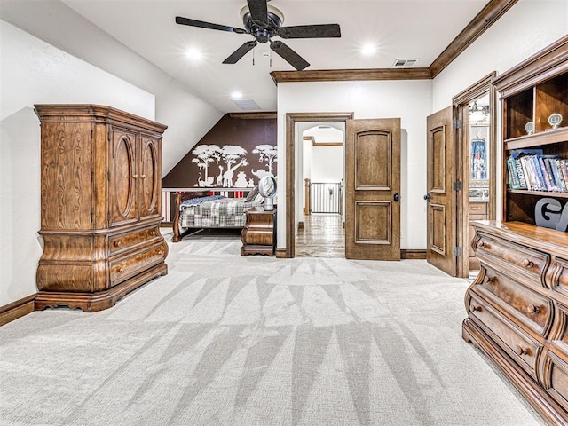 bedroom with light carpet, lofted ceiling, ceiling fan, and crown molding