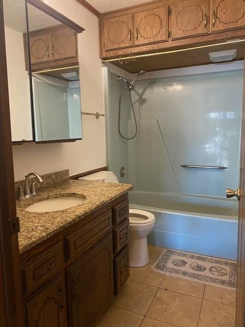 full bathroom featuring tile patterned floors, vanity,  shower combination, and toilet