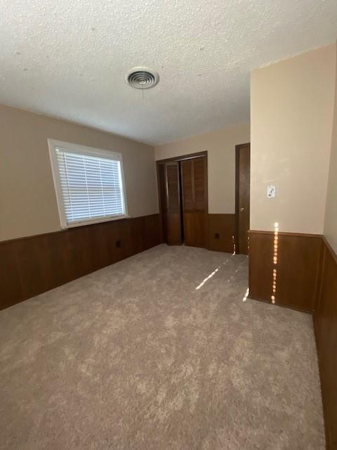 spare room with wooden walls, light carpet, and a textured ceiling