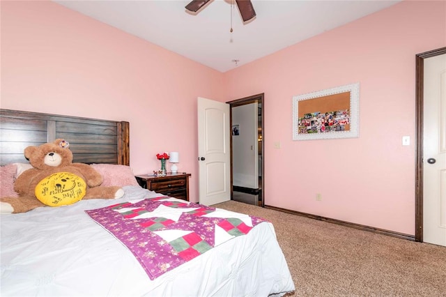 bedroom with ceiling fan and light colored carpet