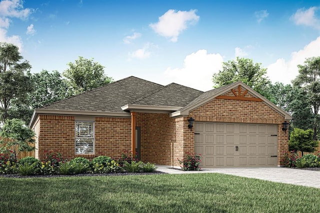 view of front of house with a front yard and a garage