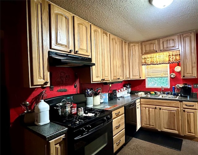 kitchen featuring a textured ceiling, sink, and black appliances