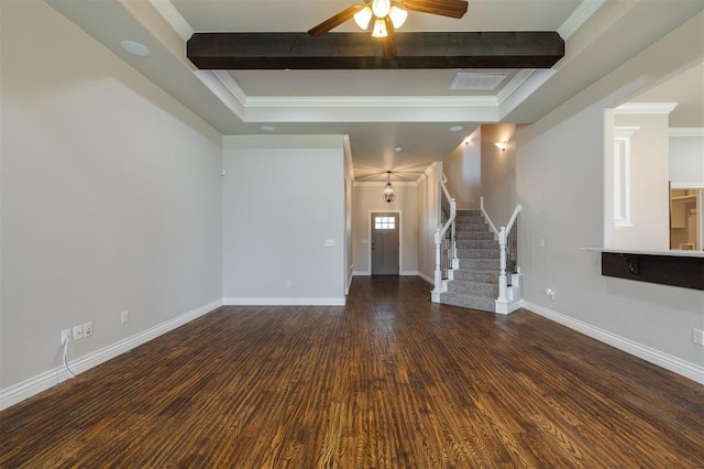 unfurnished living room with beamed ceiling, dark hardwood / wood-style floors, ceiling fan, and crown molding