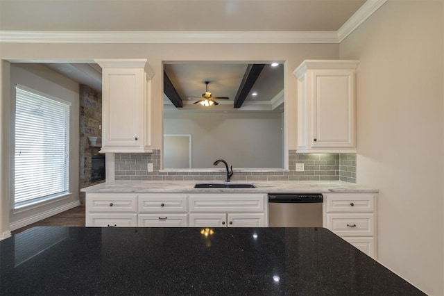 kitchen with white cabinets, dishwasher, decorative backsplash, and sink