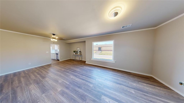 unfurnished room with wood-type flooring, ceiling fan, and ornamental molding