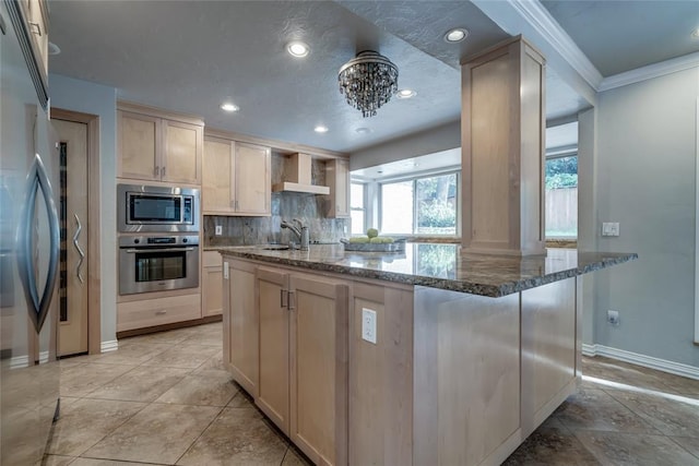 kitchen featuring custom exhaust hood, crown molding, dark stone countertops, tasteful backsplash, and stainless steel appliances