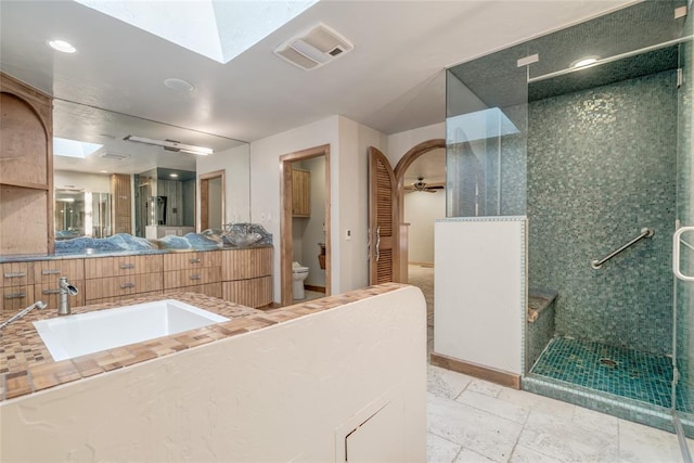 bathroom featuring a skylight, vanity, an enclosed shower, and toilet