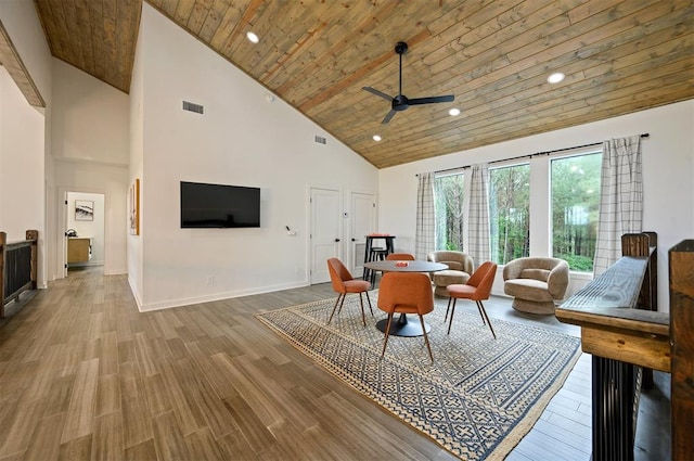 dining room featuring hardwood / wood-style floors, ceiling fan, wooden ceiling, and high vaulted ceiling