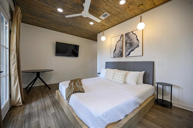 bedroom with dark wood-type flooring, ceiling fan, and wooden ceiling