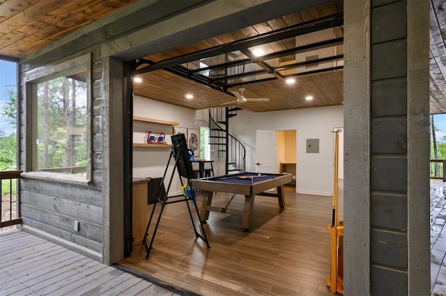 playroom with electric panel, wood-type flooring, wood ceiling, and billiards