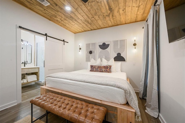 bedroom featuring a barn door, visible vents, baseboards, wooden ceiling, and wood finished floors