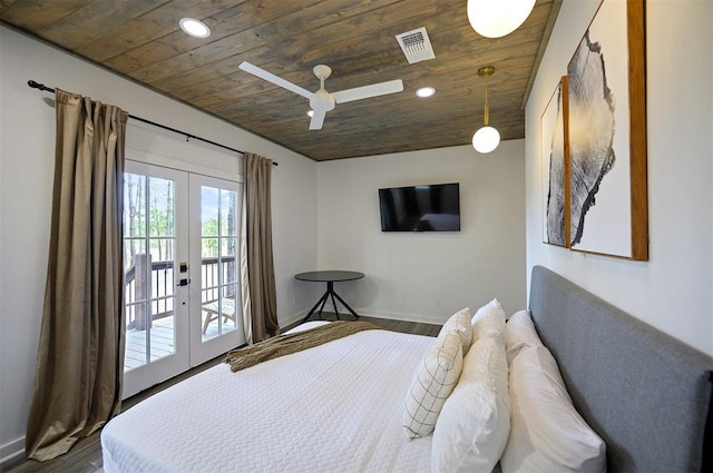 bedroom featuring access to exterior, french doors, visible vents, and wooden ceiling