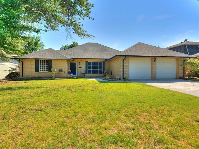 ranch-style home featuring a front lawn and a garage