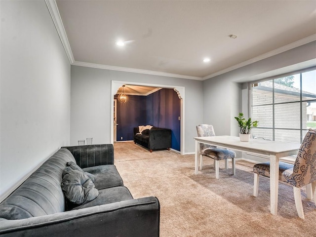 office featuring light colored carpet and crown molding