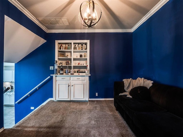 bar with dark colored carpet, hanging light fixtures, vaulted ceiling, ornamental molding, and white cabinetry