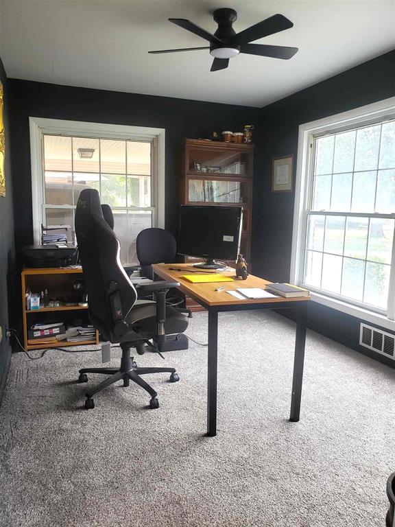 home office with carpet floors, a wealth of natural light, and ceiling fan