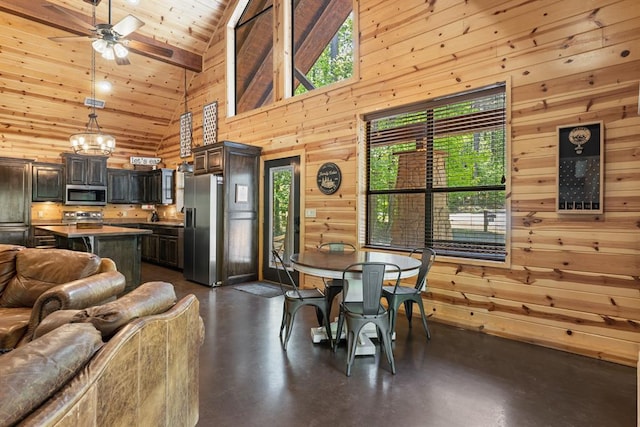 dining area featuring wood walls, wooden ceiling, high vaulted ceiling, ceiling fan, and beamed ceiling