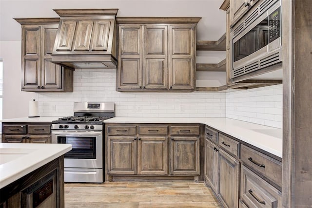 kitchen with decorative backsplash, appliances with stainless steel finishes, light hardwood / wood-style floors, and custom range hood