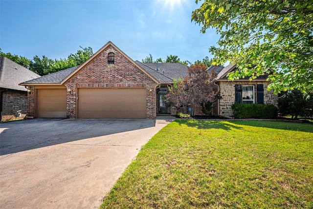 view of front of property with a front yard and a garage