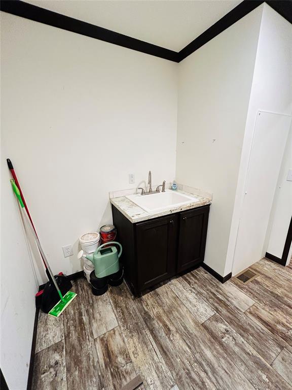 bathroom featuring hardwood / wood-style floors, vanity, and crown molding