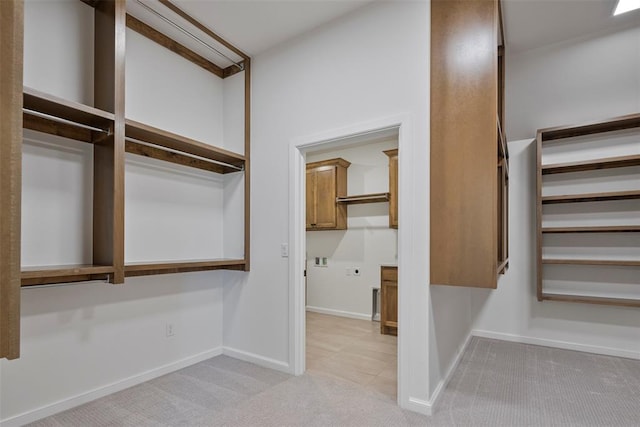 spacious closet with light carpet