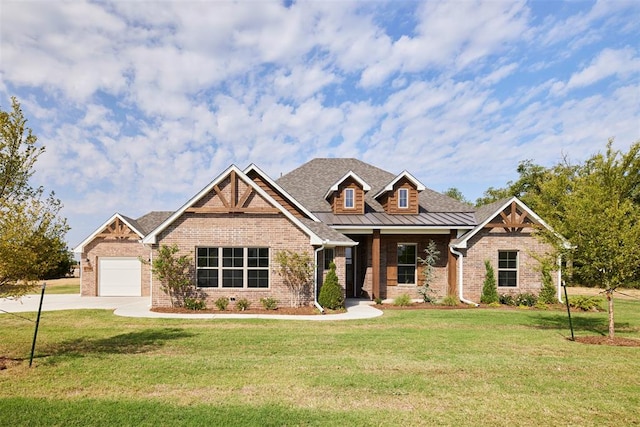 craftsman inspired home with a garage and a front lawn