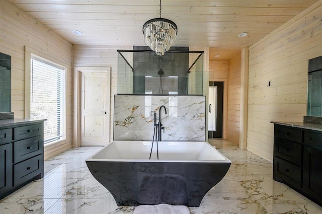 bathroom with a wealth of natural light, wood ceiling, and a notable chandelier