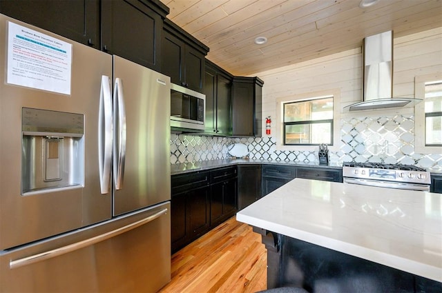 kitchen with exhaust hood, light stone countertops, tasteful backsplash, light hardwood / wood-style floors, and stainless steel appliances