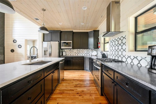 kitchen featuring sink, light hardwood / wood-style flooring, wall chimney exhaust hood, decorative light fixtures, and stainless steel appliances